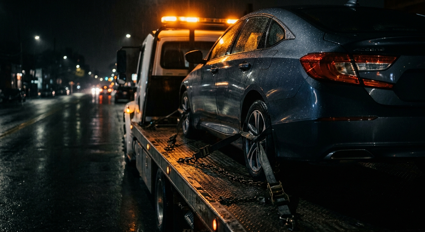Flatbed tow truck detail with amber beacon glow